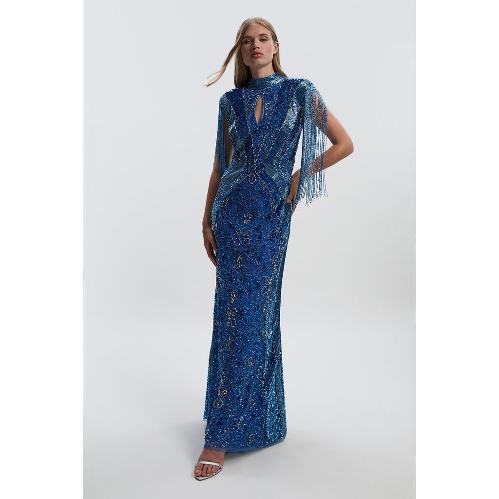 Karen Millen Petite Beaded Cap Sleeve Maxi Dress In Blue