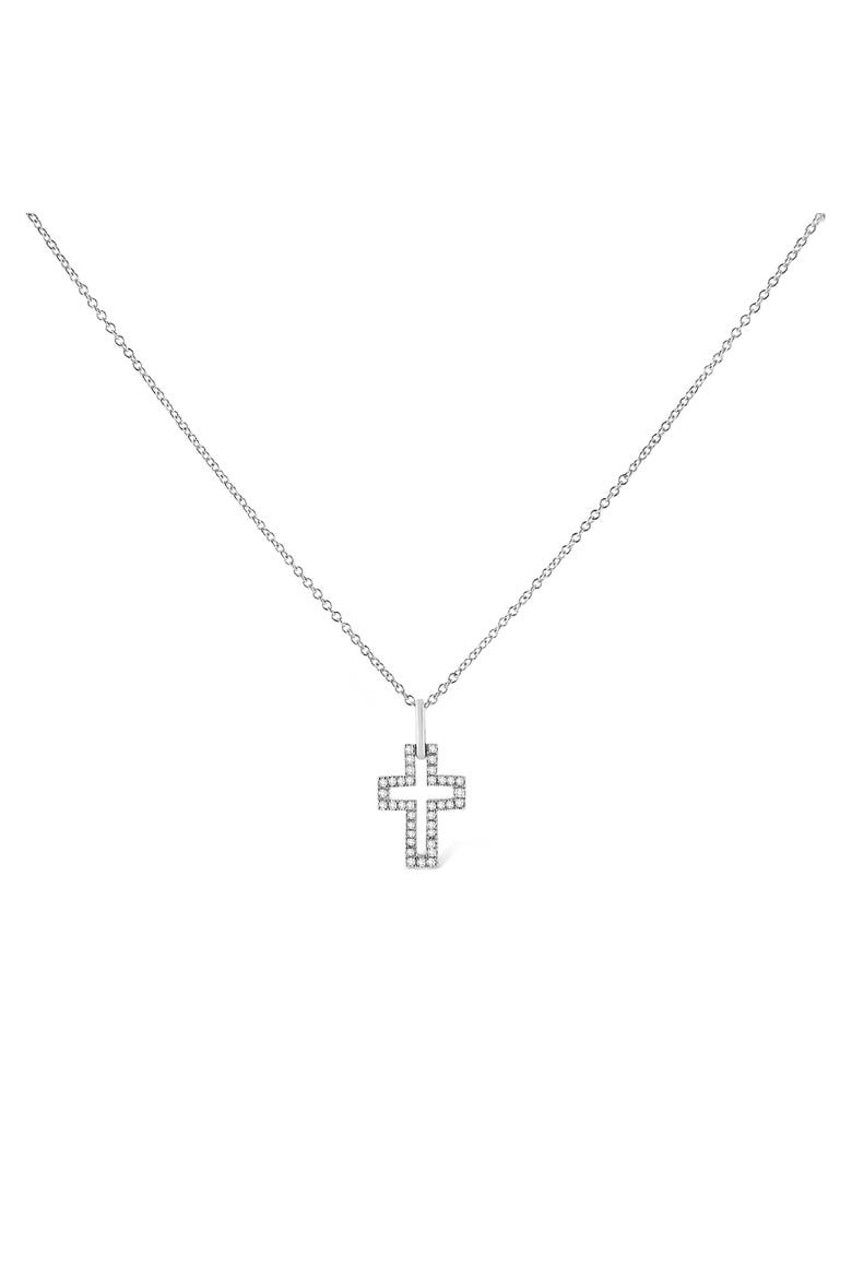 Silver 1/10 cttw Pave-Set Round-Cut Diamond Open Cross Pendant Necklace, Alternate, color, White