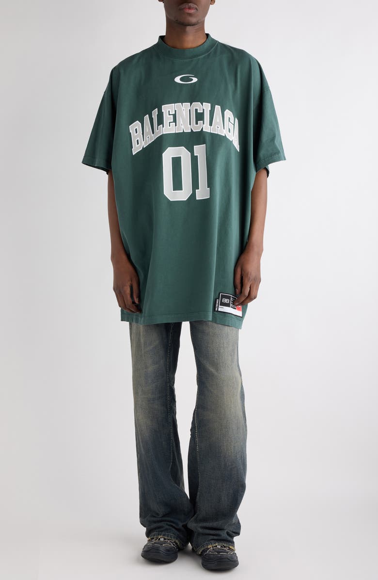 Balenciaga Jersey Oversize Cotton T-Shirt, Alternate, color, 6399 Dark Green/ Light Gry
