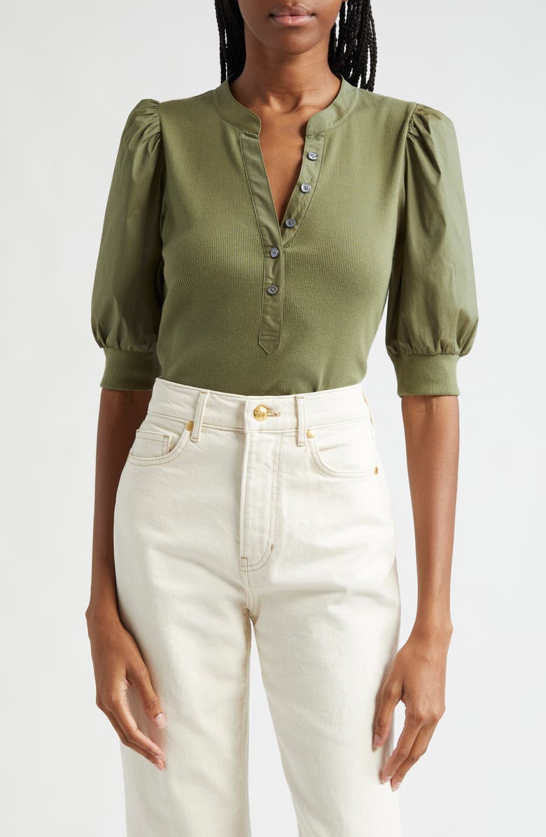 Veronica Beard Coralee Puff Sleeve Stretch Cotton Henley Top, Main, color, Stone Army