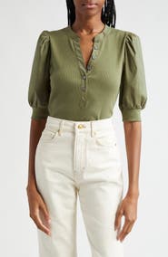 Veronica Beard Coralee Puff Sleeve Stretch Cotton Henley Top