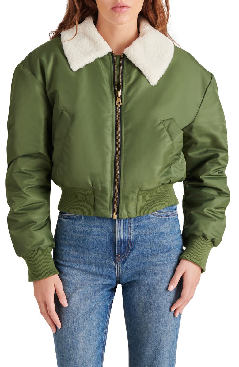 Steve Madden Fleece Trim Nylon Bomber Jacket, Main, color,