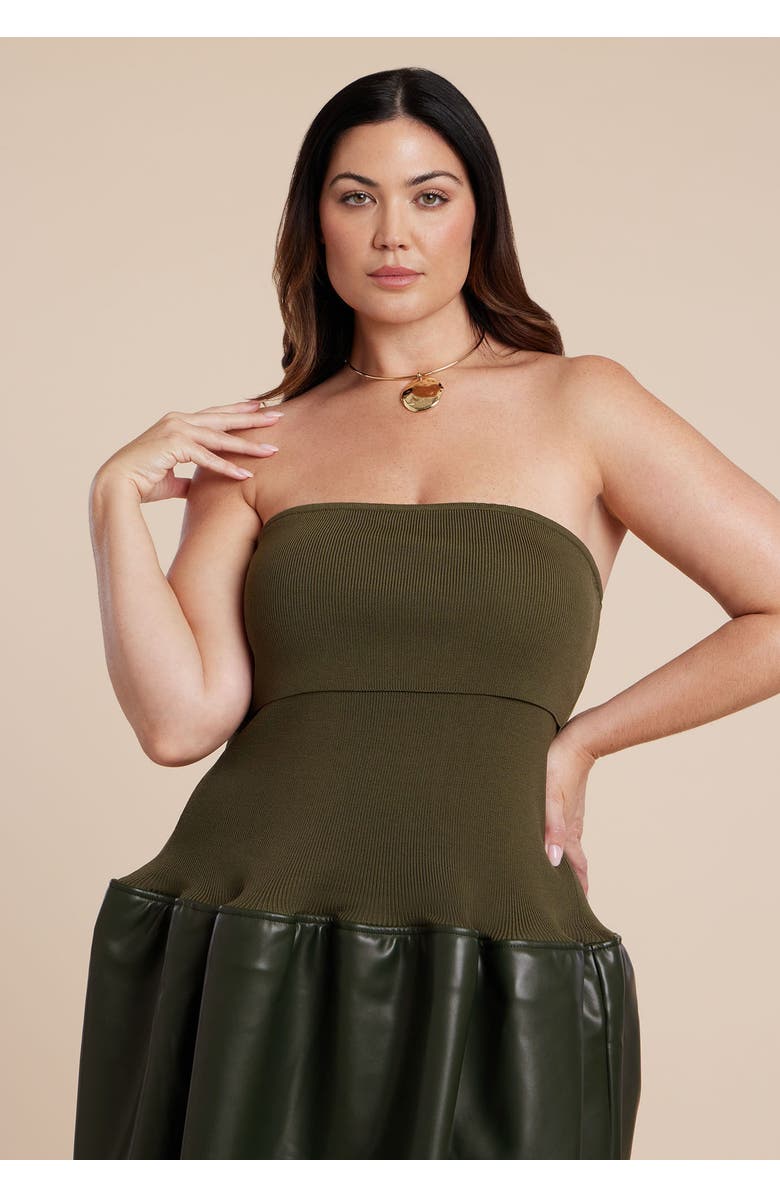 ELOQUII Faux Leather Sweater Mixed Dress, Alternate, color, Dark Olive Green