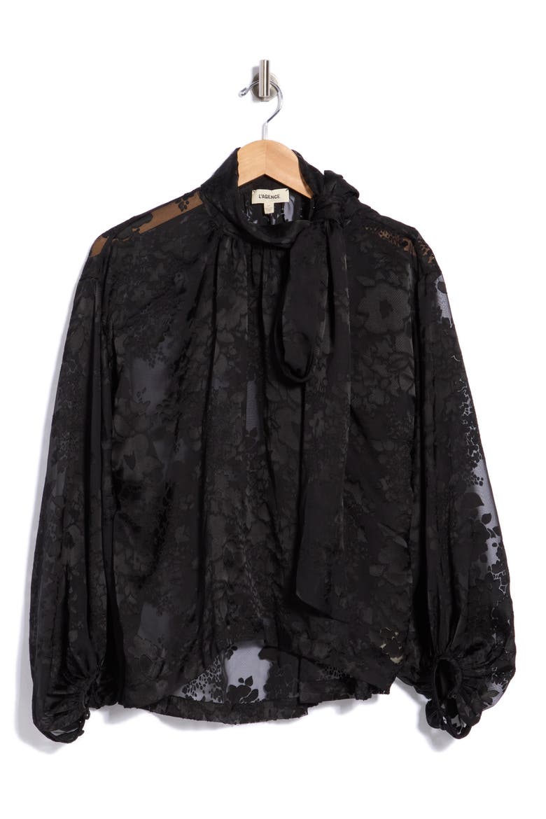 Rhett Oversized Burnout Tie Neck Blouse, Main, color, BLACK