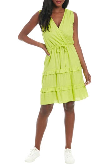 London Times Sleeveless Linen Blend Tiered Dress In Wild Lime