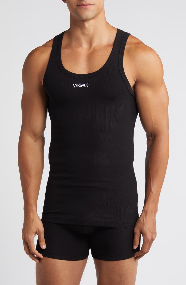 Versace Embroidered Logo Rib Tank, Main, color, Black