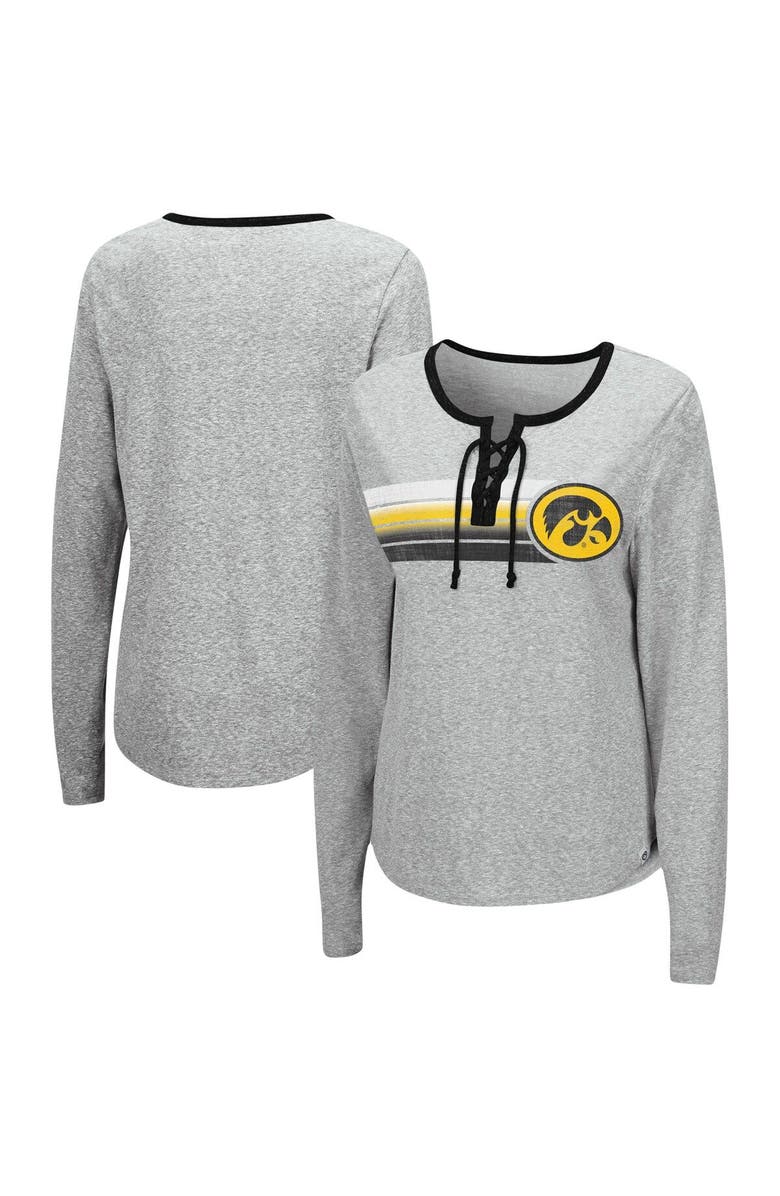 COLOSSEUM Women's Colosseum Heathered Gray Iowa Hawkeyes Sundial Tri-Blend Long Sleeve Lace-Up T-Shirt, Main, color,