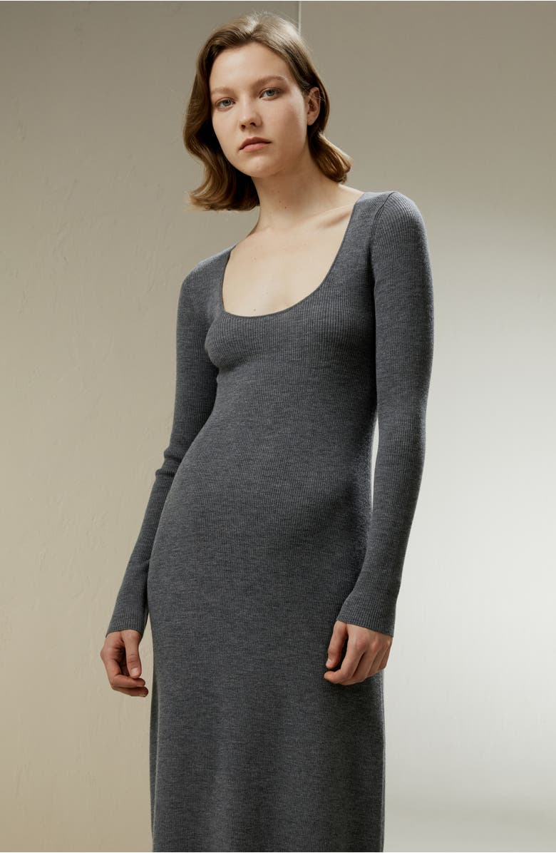 Lilysilk Women's Ribbed Bodycon Merino Wool Midi Dress, Alternate, color, Dark Gray