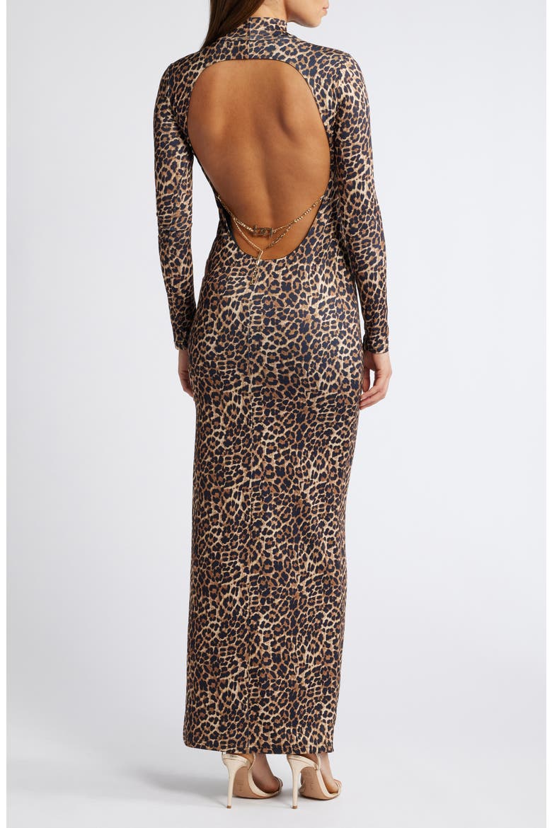 Long Sleeve Open Back Chain Maxi Dress, Alternate, color, BROWN MULTI