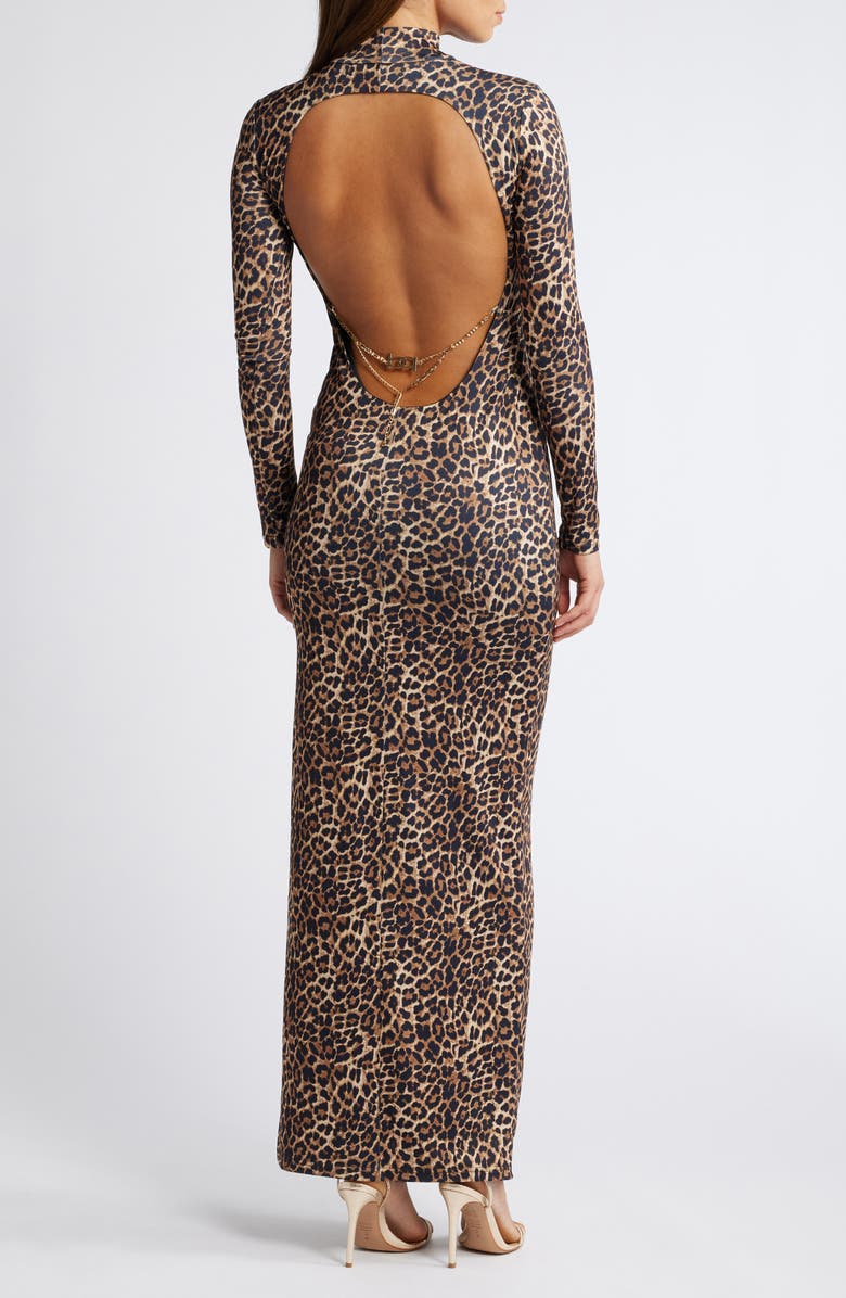 bebe X Ciara Long Sleeve Open Back Chain Maxi Dress, Alternate, color, Brown Multi