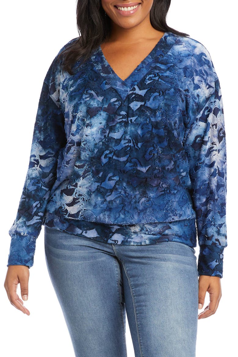 Tie Dye Burnout V-Neck Top, Main, color, NAVY