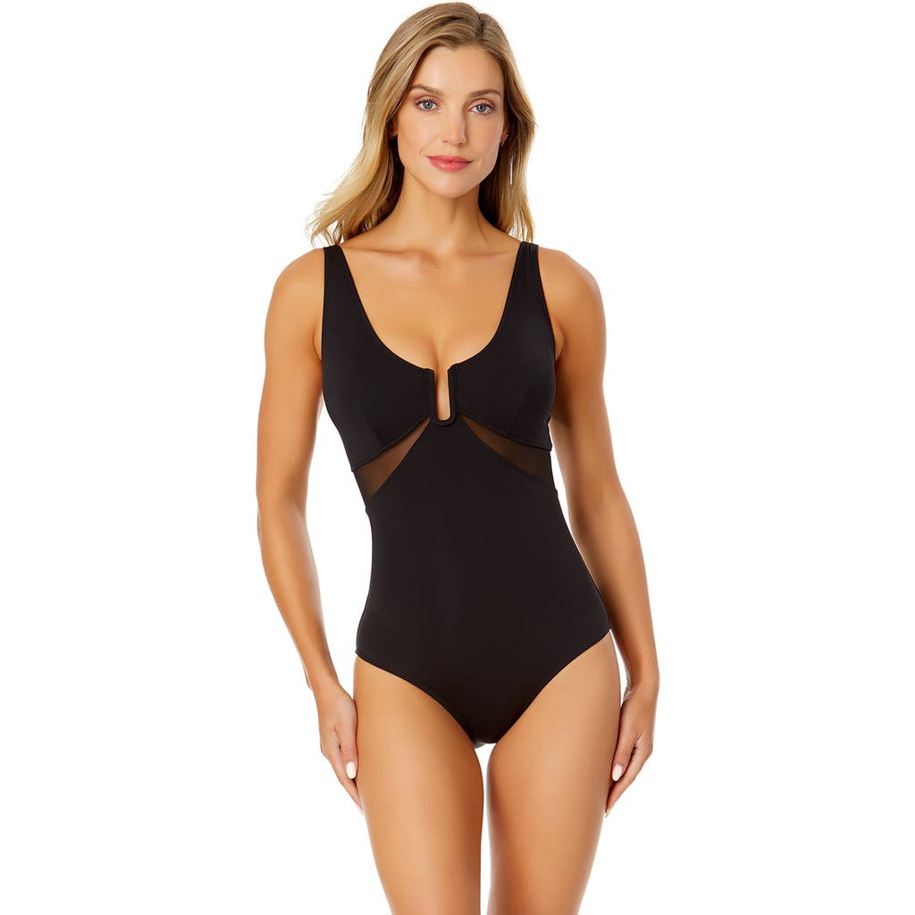 Anne Cole Mesh Around U Ring Mesh Insert One Piece Swimsuit In Black