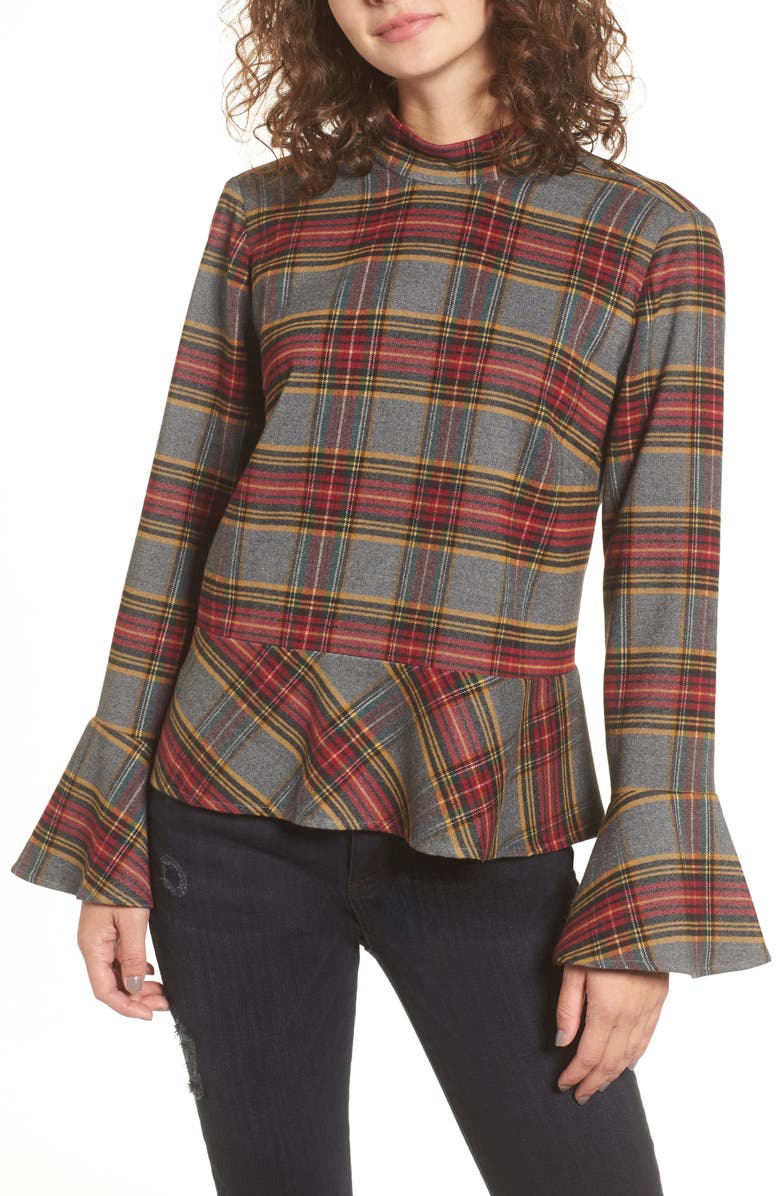 BP. Plaid Ruffle Hem Shirt, Main, color, 