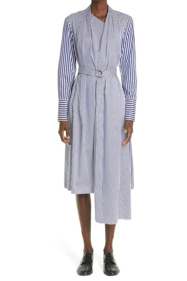 Taylor Belted Long Sleeve Asymmetrical Midi Dress, Main, color, BOLD NAVY STRIPE COMBO