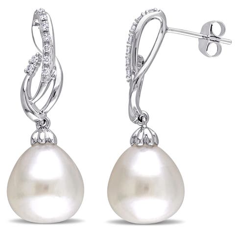 South Sea Pearl & Diamond Ribbon Drop Earrings 14k