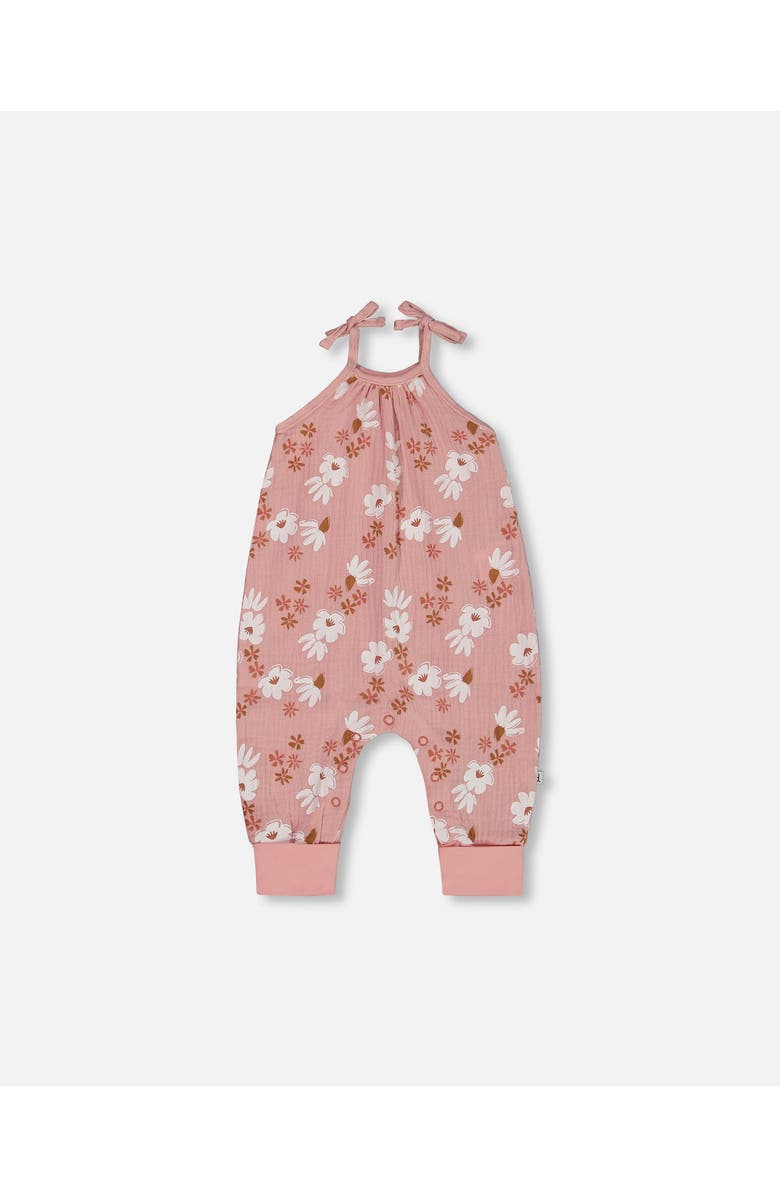 Deux par Deux Baby Girl's Printed Muslin Tie Strap Jumpsuit Pink And White Flowers, Main, color, Pink And White Flowers