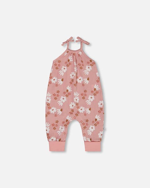 Baby Girl's Printed Muslin Tie Strap Jumpsuit Pink And White Flowers