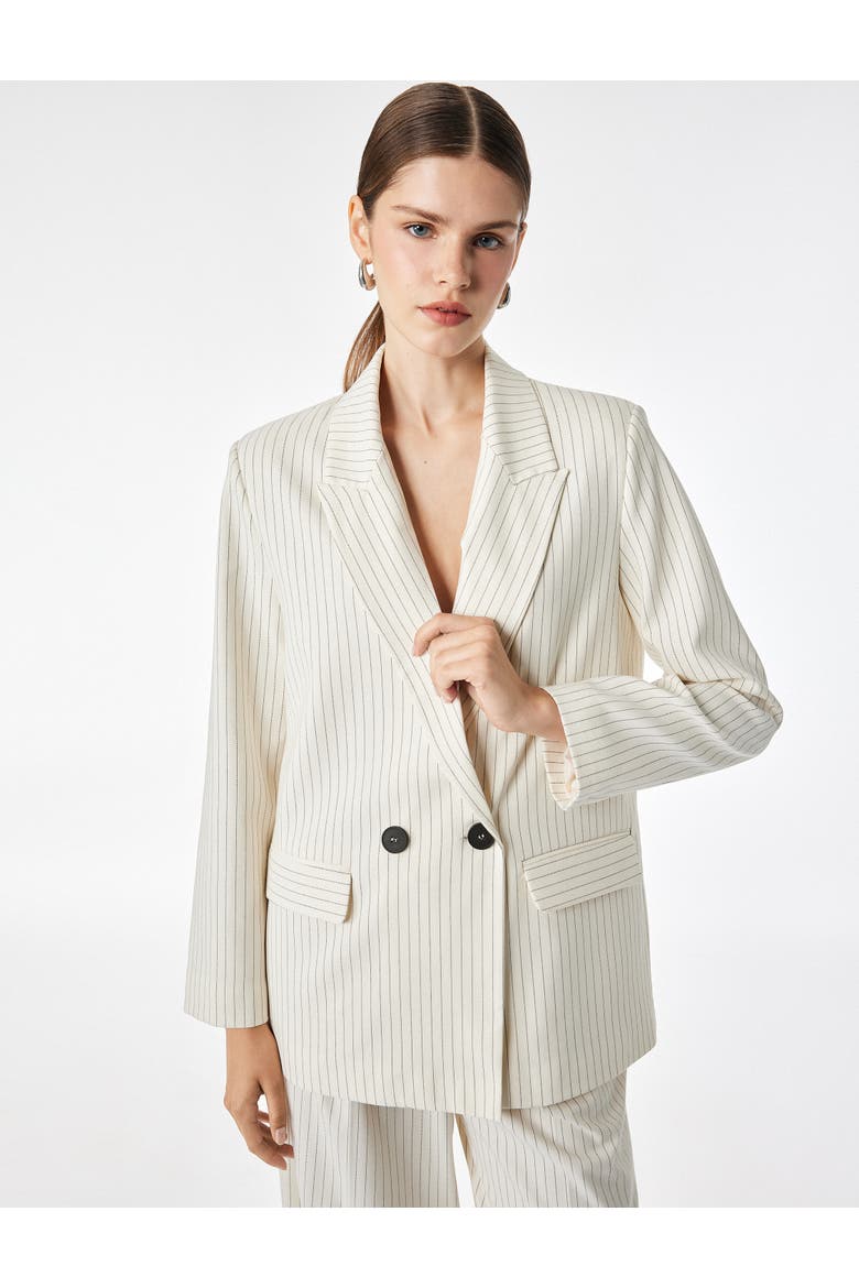 Long Sleeve Double-Breasted Pinstriped Blazer, Alternate, color, BEIGE STRIPE