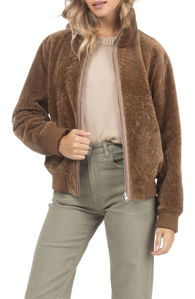 GORSKI Reversible Textured Genuine Shearling Bomber Jacket, Main, color, Camel/Camel
