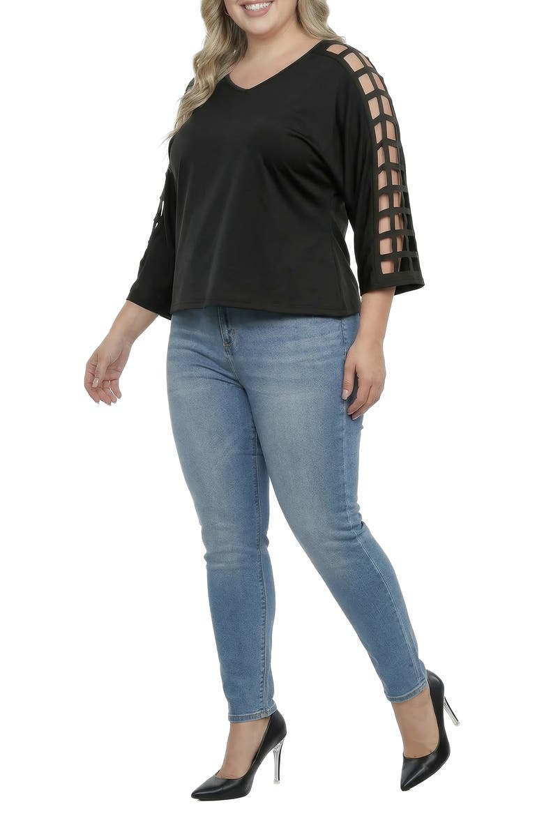 Cutout Sleeve V-Neck Top, Alternate, color, BLACK