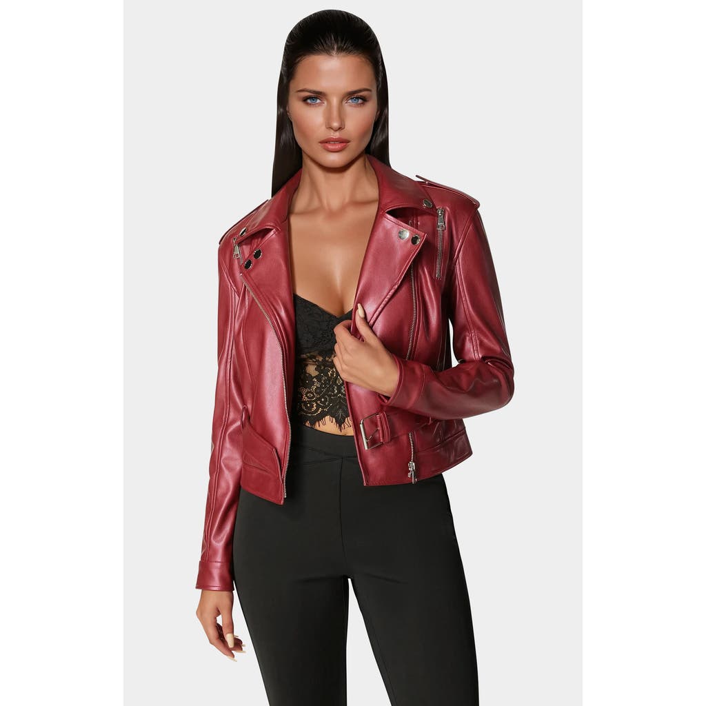Bebe Metallic Vegan Leather Moto Jacket In Red