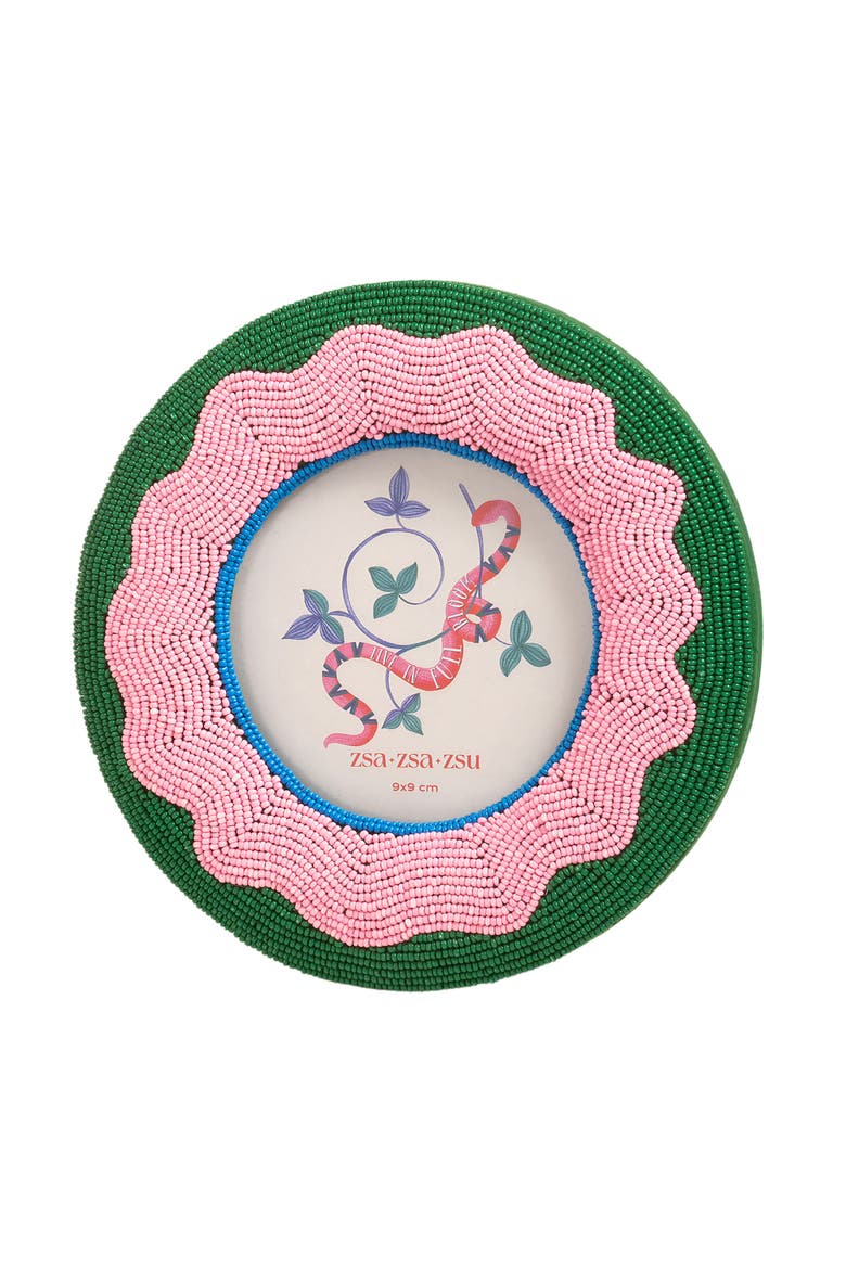 Dadri Round Decorative  Beaded Wood Frame 7 In, Main, color, Pink-Green