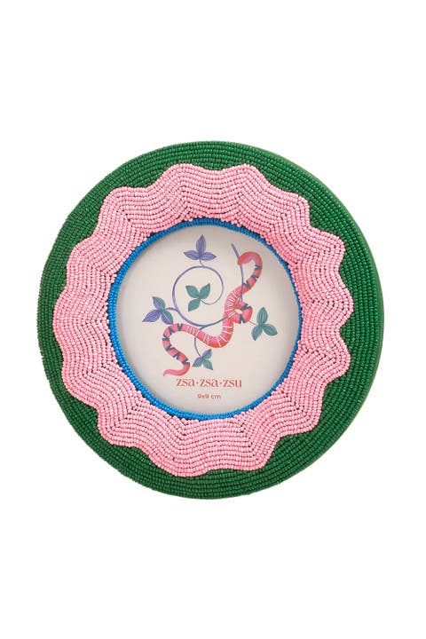 Dadri Round Decorative  Beaded Wood Frame 7 In
