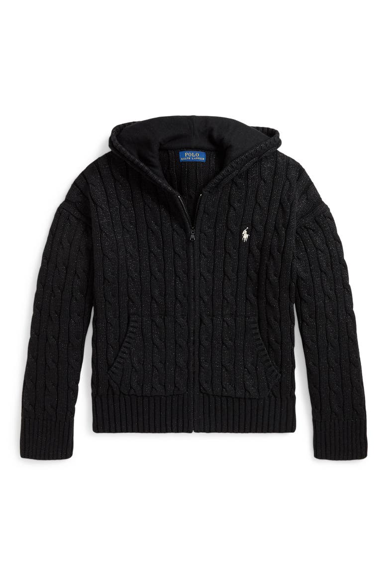Kids' Metallic Cable Knit Hoodie, Main, color, BLACK