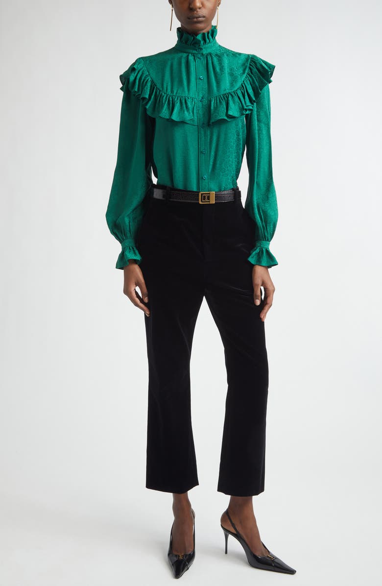 Saint Laurent Ruffled Silk Jacquard Button-Up Shirt, Alternate, color, Emeraude