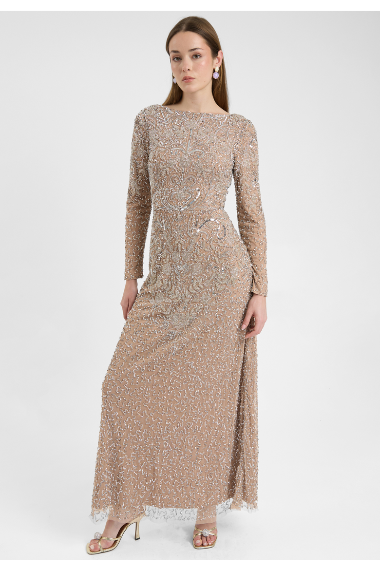 Modest Embellished Sequin Beaded Dress Maxi With Detailed Design, Alternate, color, TAUPE BLUSH