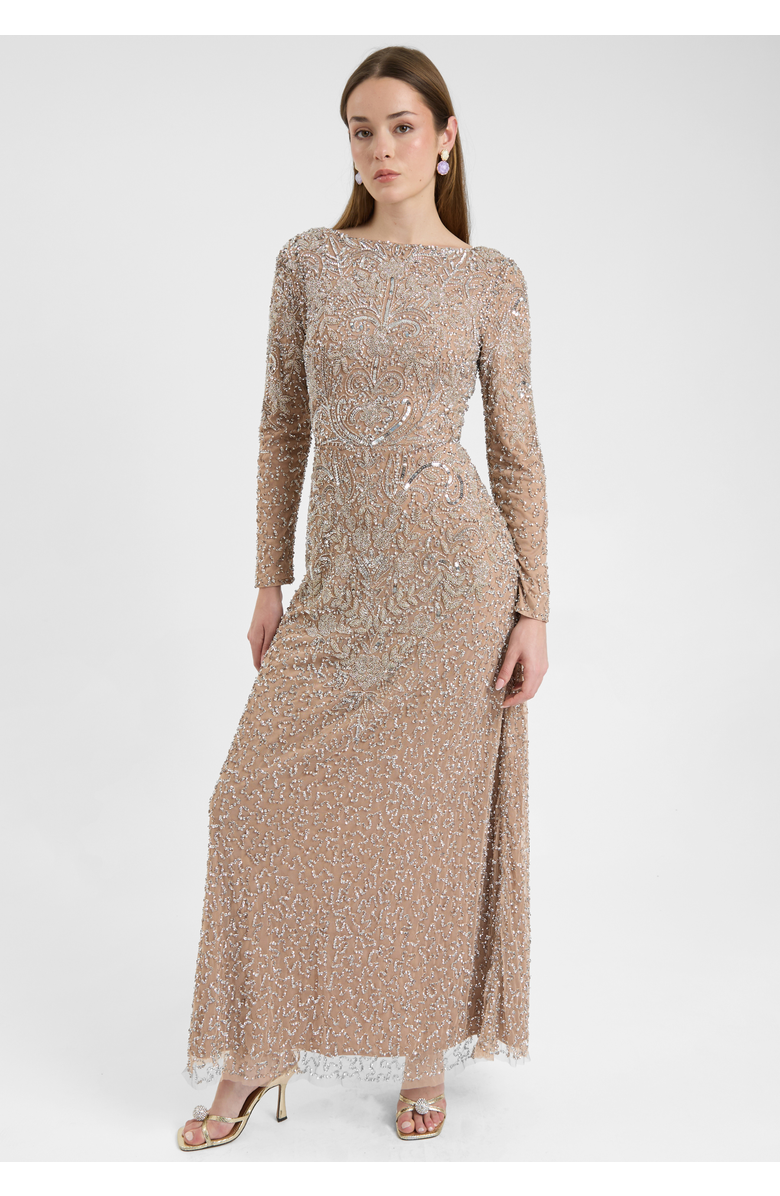 MARYISA Modest Embellished Sequin Beaded Dress Maxi With Detailed Design, Alternate, color, Taupe Blush
