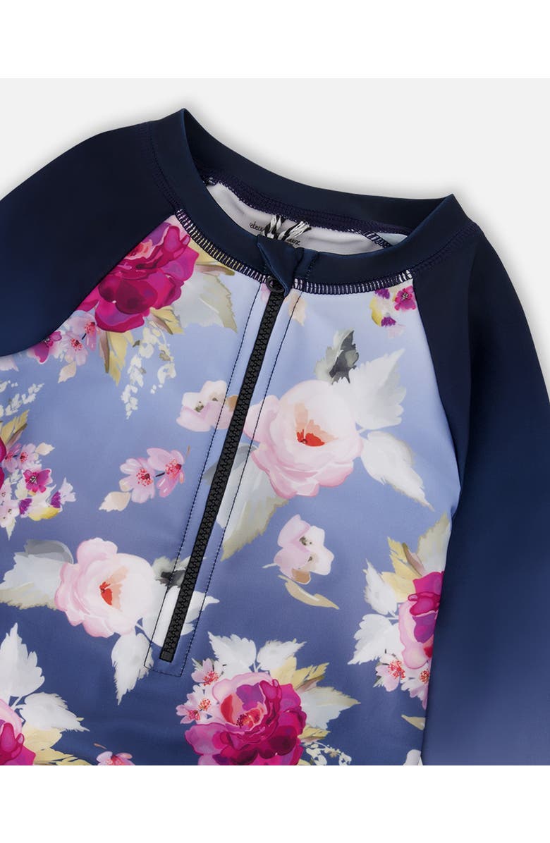 Deux par Deux One-Piece Long Sleeve Rose Rashguard, Alternate, color, Blue With Roses Print