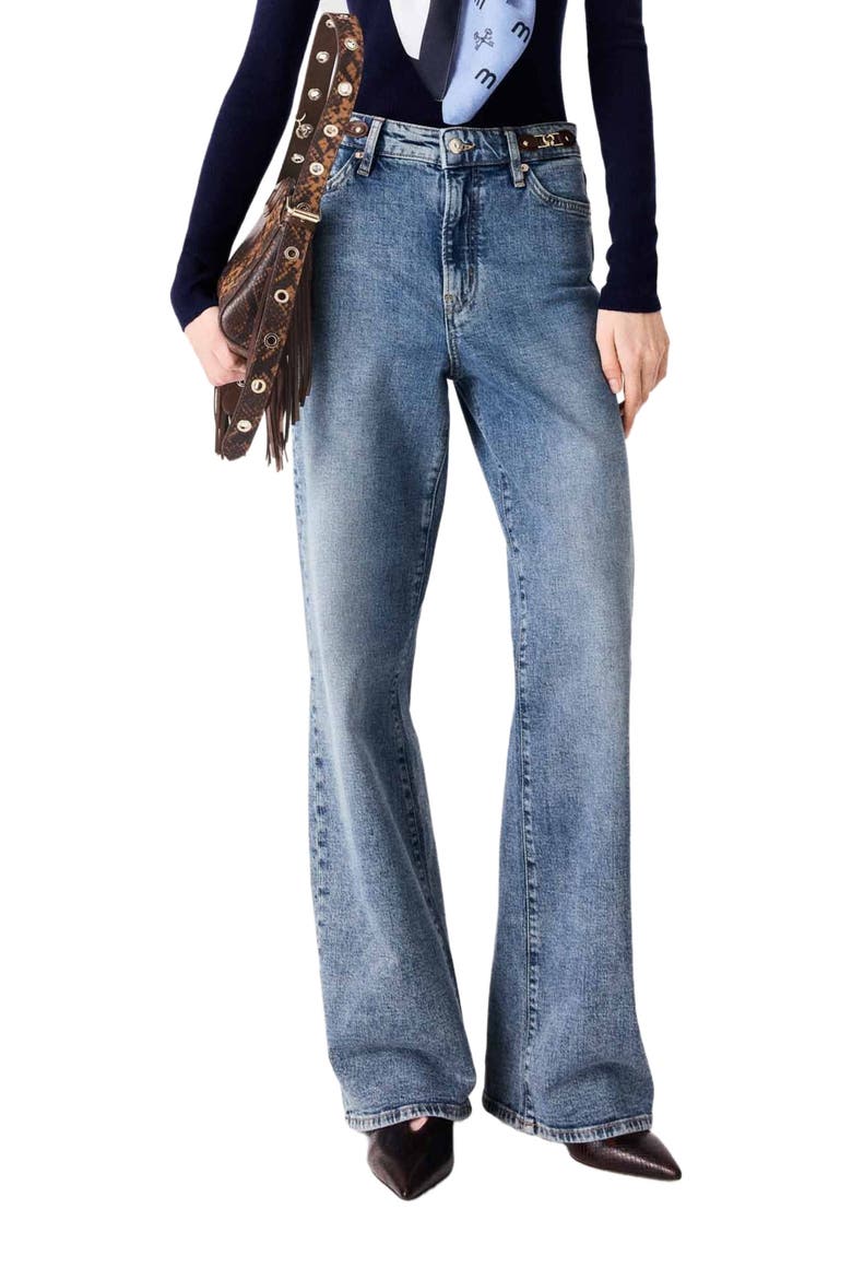 Wide-leg leather buckle jeans, Alternate, color, Blue