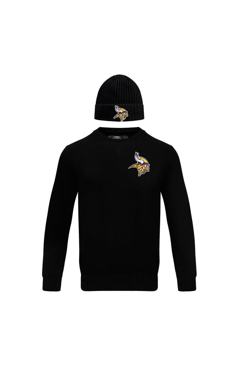 PRO STANDARD Men's Pro Standard Black Minnesota Vikings Crewneck Pullover Sweater & Cuffed Knit Hat Box Gift Set, Alternate, color, Black