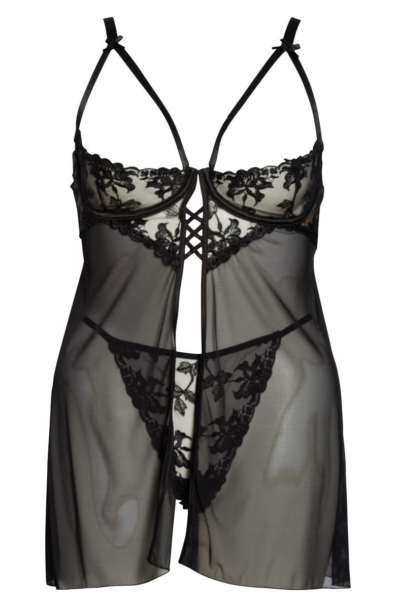 Oh La La Cheri Embroidered Open Cup Babydoll Chemise & G-String Thong, Main, color, 