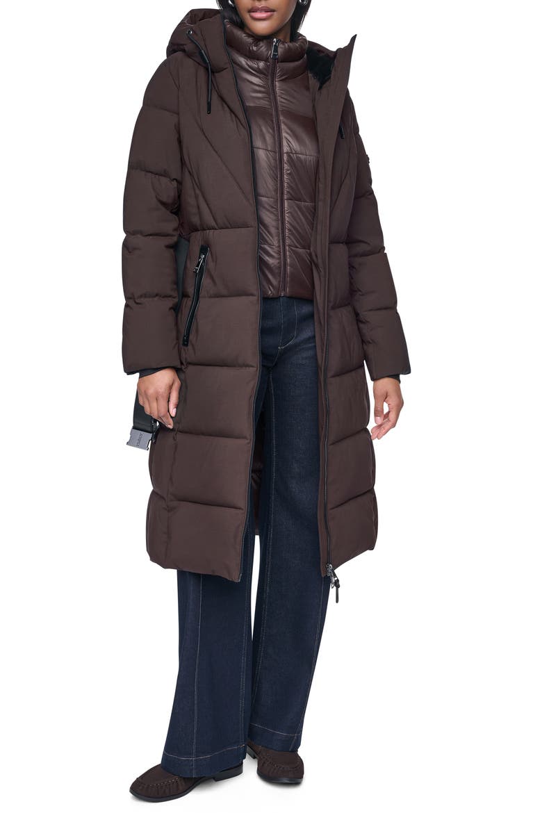 Water Resistant Belted Long Puffer Coat with Bib, Alternate, color, BITTER