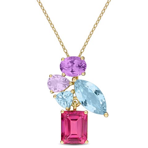 Multi-Gem Cluster Pendant Necklace Plated Silver