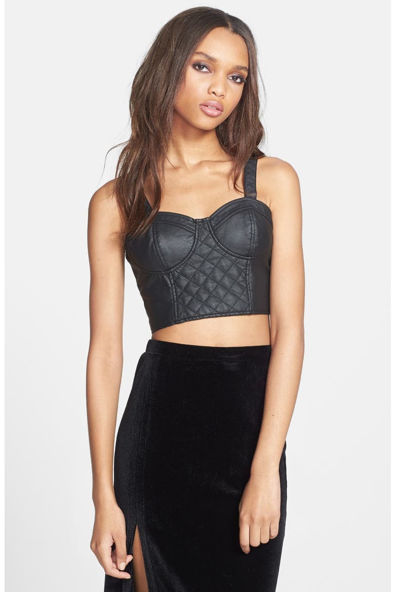 Faux Leather Bustier Crop Top, Main, color, BLACK