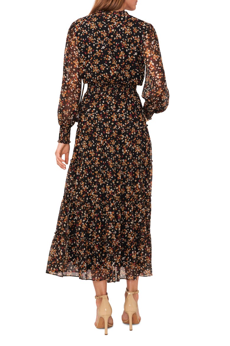 Floral Long Sleeve Tiered Maxi Dress, Alternate, color, BLACK MANGO