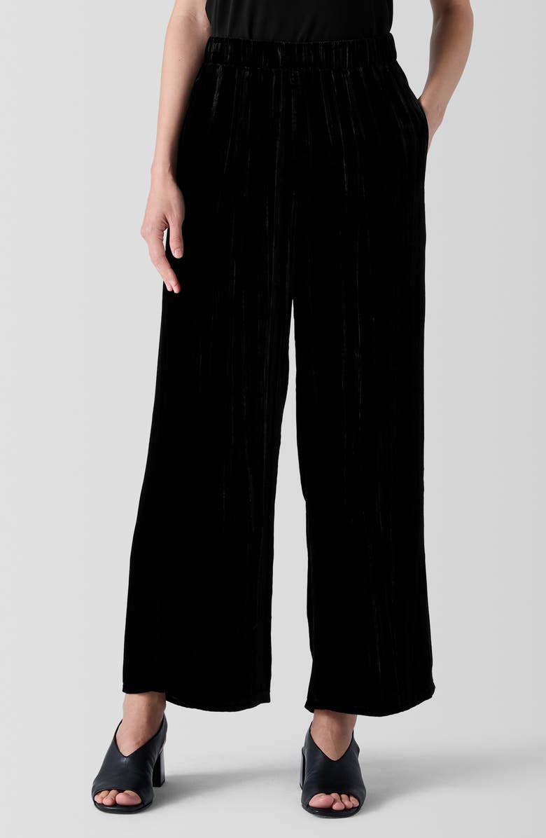 Eileen Fisher Crushed Velvet Ankle Wide Leg Pants, Main, color, Black