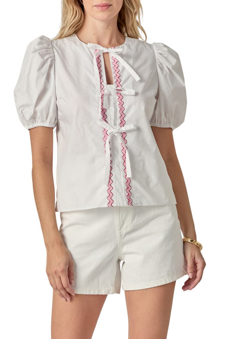 Rickrack Trim Tie Front Cotton Top, Main, color, WHITE