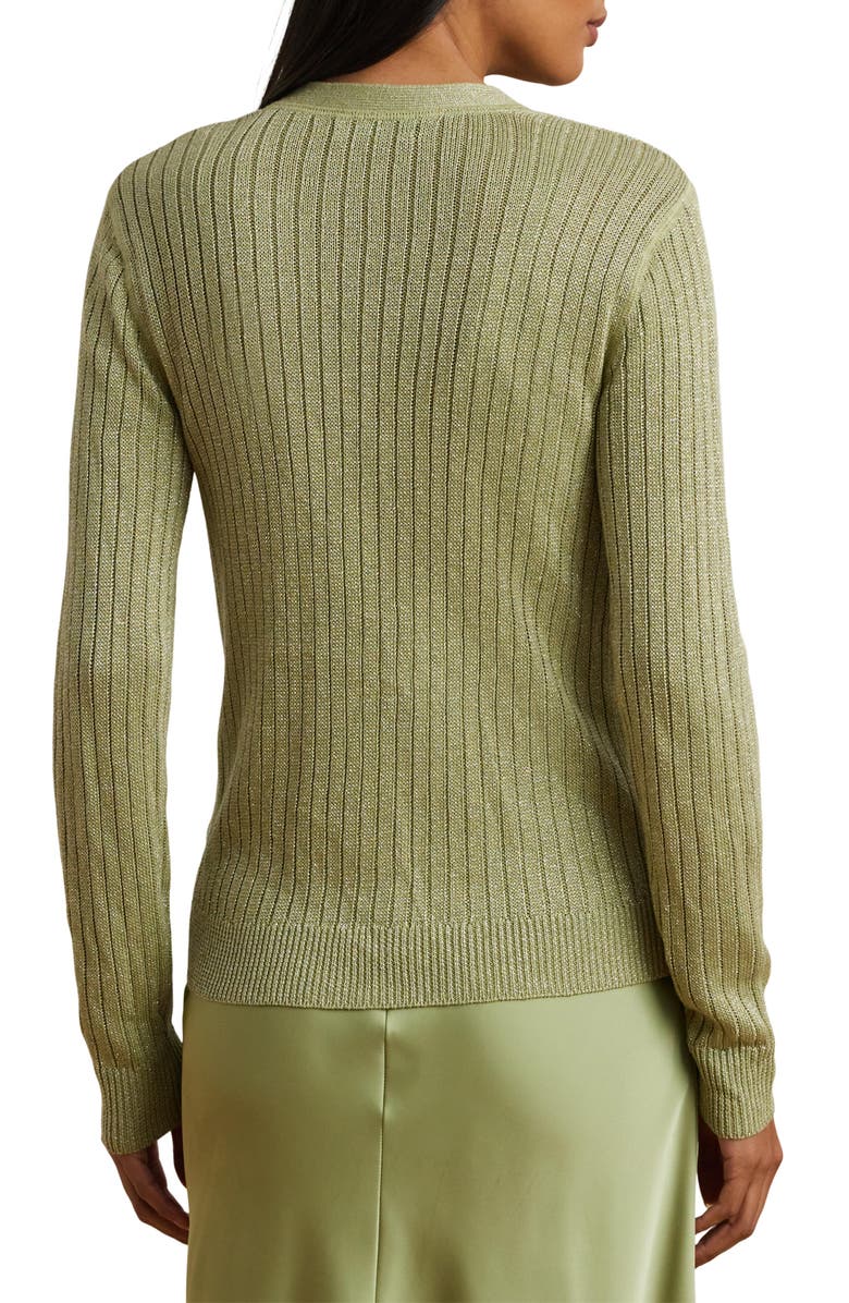 Lauren Ralph Lauren Metallic Linen Blend Rib Cardigan, Alternate, color, Light Olive