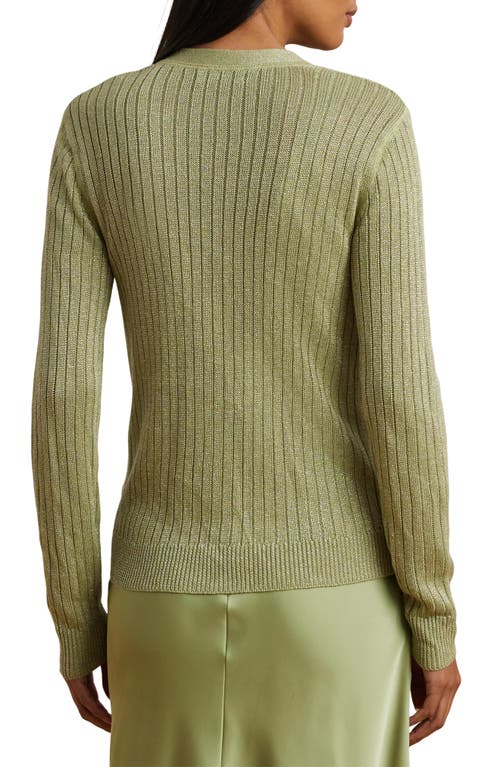 Shop Ralph Lauren Lauren Metallic Linen Blend Rib Cardigan In Light Olive