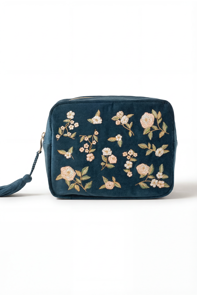 Wild Rose Velvet Wash Bag, Main, color, Ink Blue