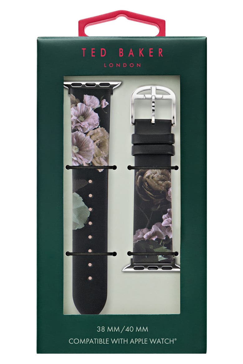 Floral Print Leather Apple Watch® Watchband, Main, color, BLACK