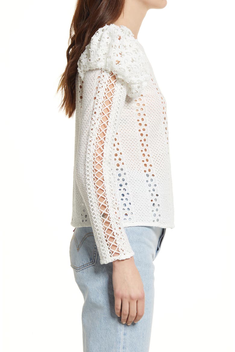 Broderie Knit Long Sleeve Top, Alternate, color, WHITE