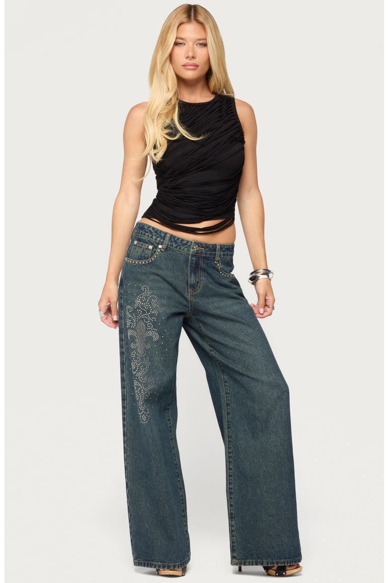 Rhinestone Graphic Low Rise Wide Leg Jeans, Alternate, color, TWILIGHT-BLUE