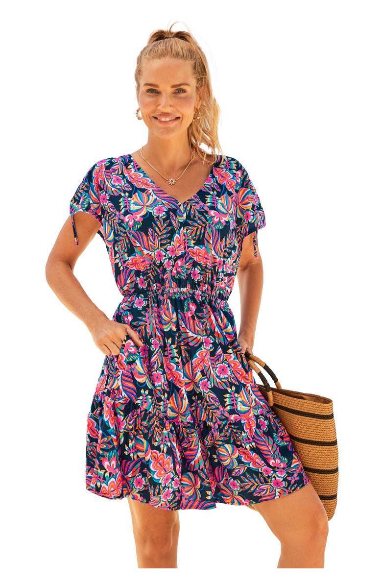 Swimsuits for All Pack & Go Wrinkle-Resistant V-Neck Short Sleeve Cover Up Dress, Main, color, Navy Multi Palms
