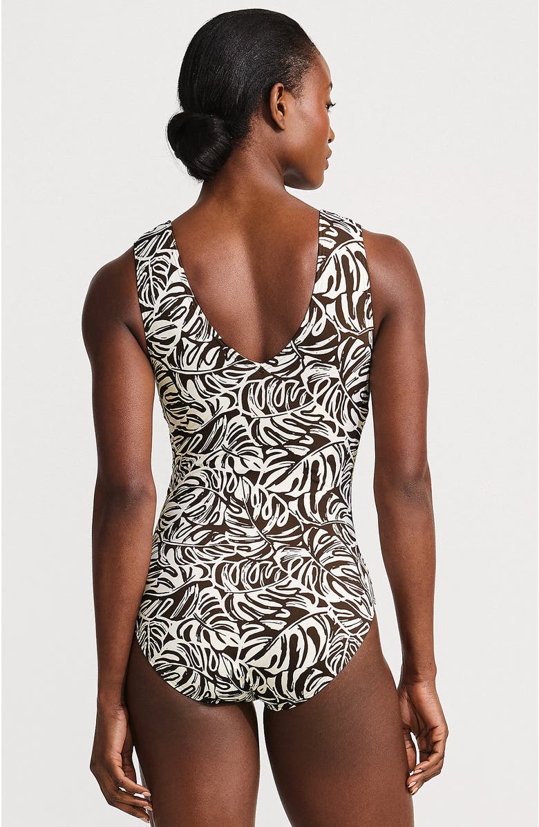 Lands' End Sculpting Suit Sweetheart V-Wire High Leg One Piece Swimsuit, Alternate, color, Brown Mini Tropic Leaves