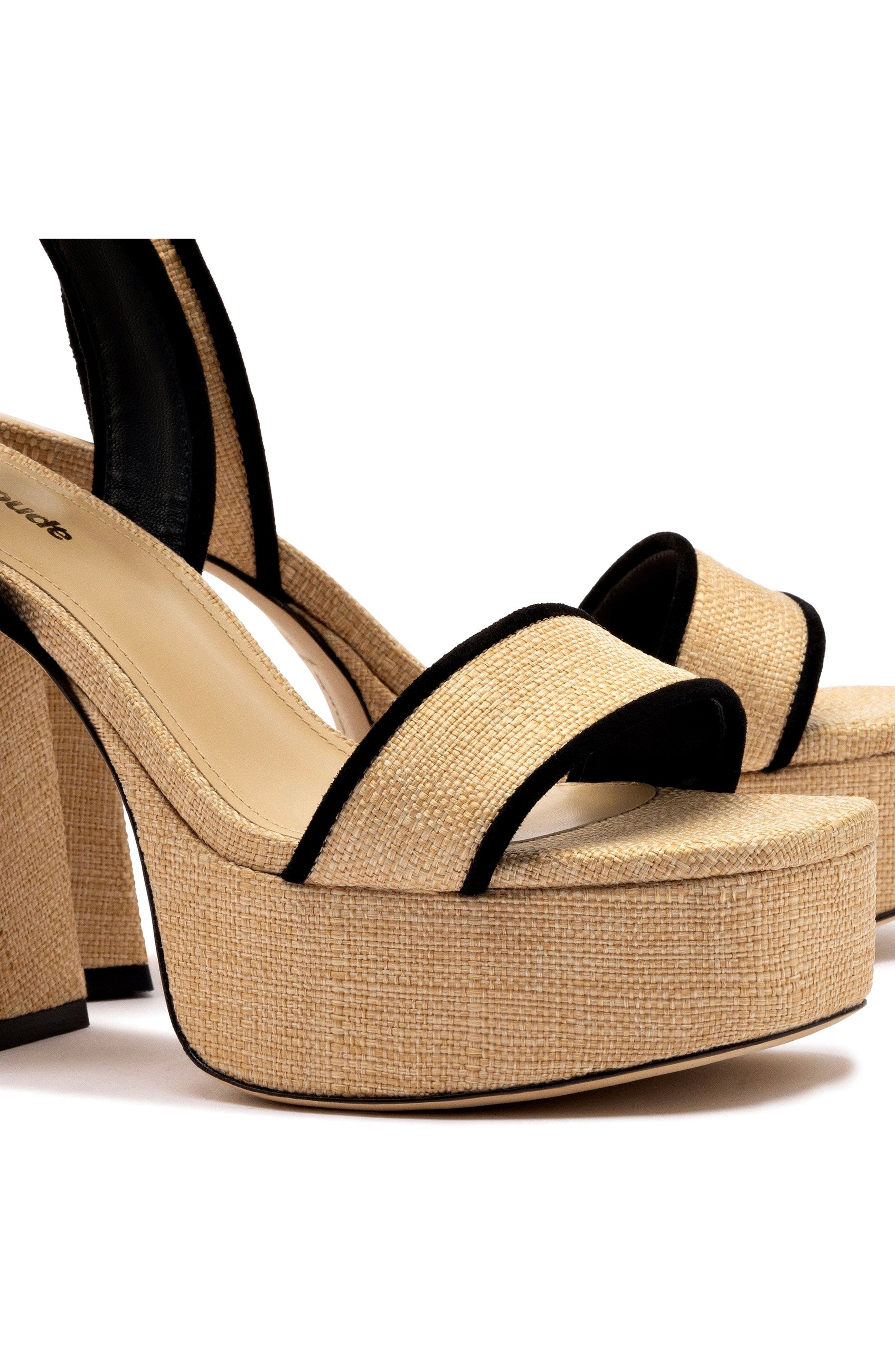 Larroudé Dolly Sandal, Alternate, color, Beige Raffia And Black